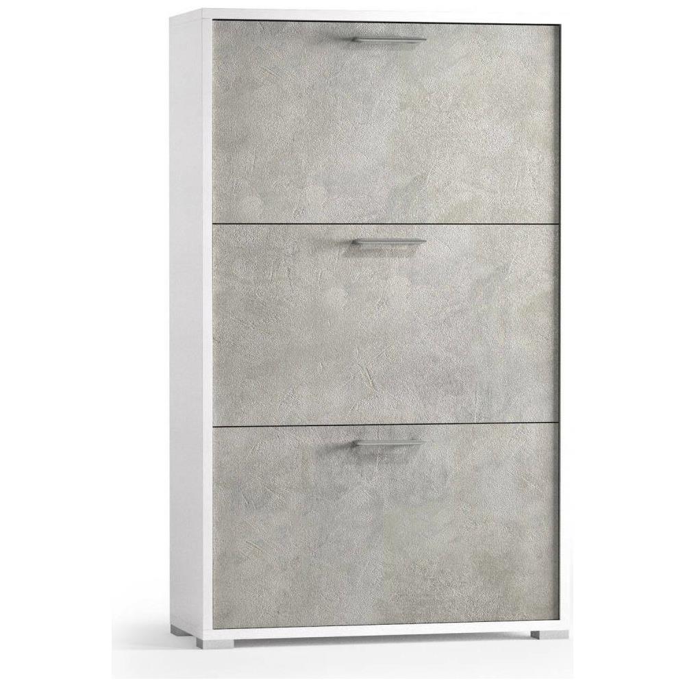 Scarpiera Peonia, Mobile Multiuso Da Ingresso Con 3 Ante A Ribalta, Armadietto Portascarpe A Doppia Profondità, 100% Made In Italy, 67x28h112 Cm, Bianco E Cemento - Foto 2