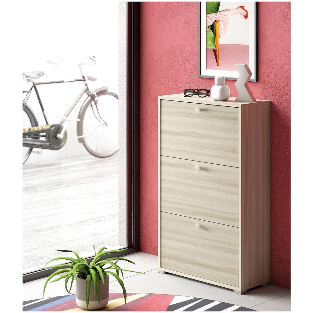 Scarpiera Peonia, Mobile Multiuso Da Ingresso Con 3 Ante A Ribalta, Armadietto Portascarpe A Doppia Profondità, 100% Made In Italy, 67x28h112 Cm, Olmo - Foto 1