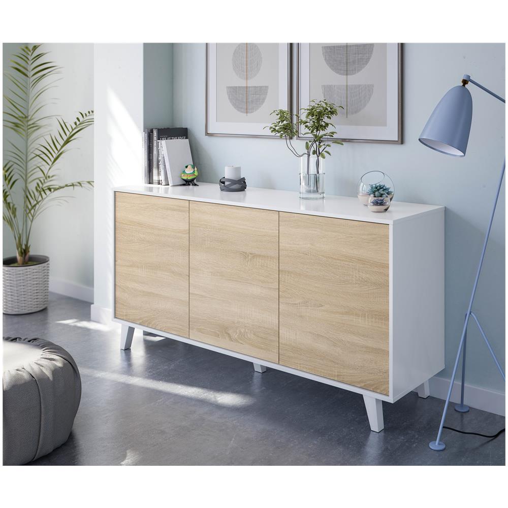 Credenza A Tre Ante E Tre Ripiani, Colore Rovere E Bianco Lucido, Misure 154 X 41 X 75 Cm - Foto 1