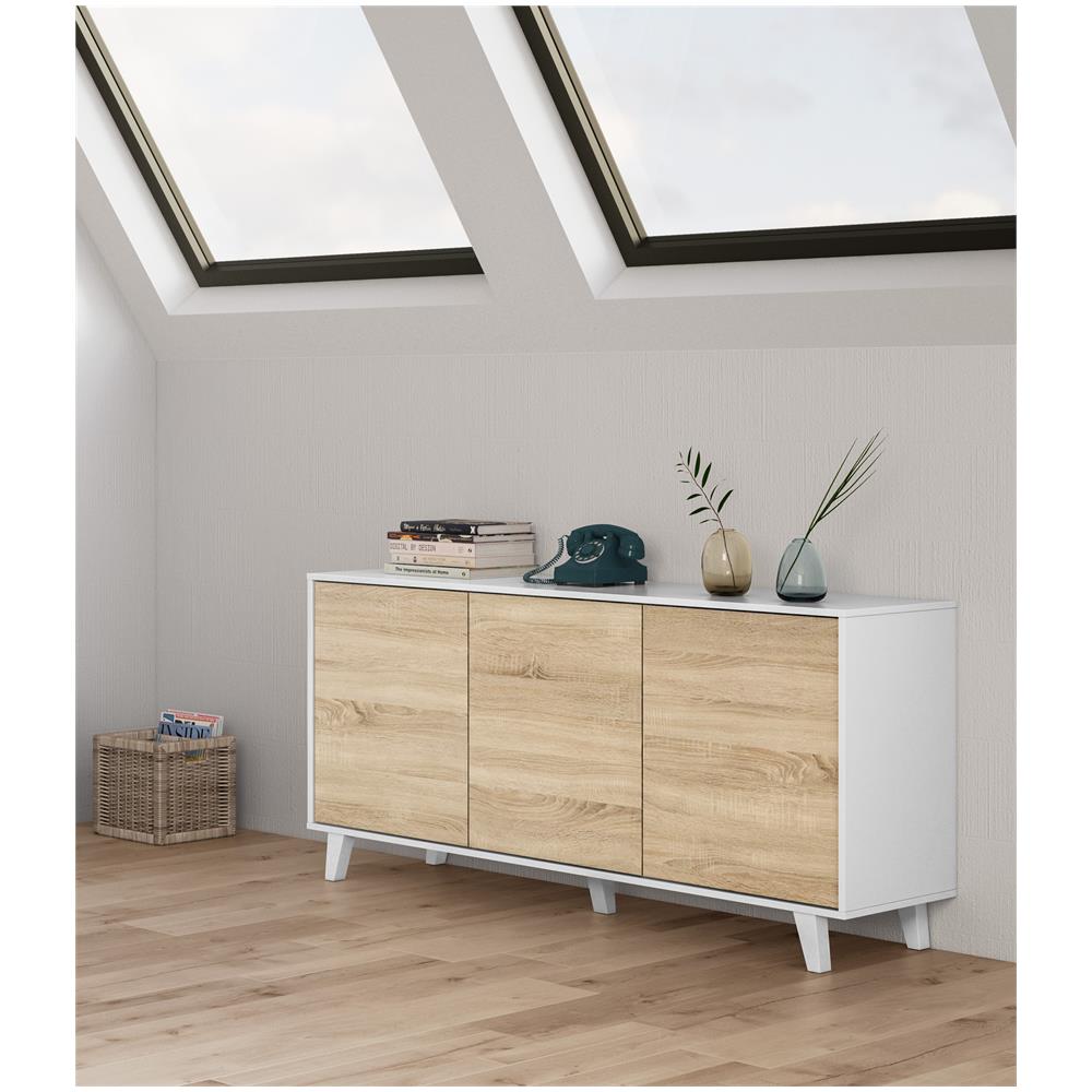Credenza A Tre Ante E Tre Ripiani, Colore Rovere E Bianco Lucido, Misure 154 X 41 X 75 Cm - Foto 2