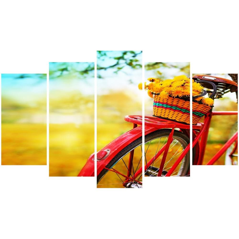 Quadro Bicicletta, Decorazione Da Parete, Natura, 5 Pezzi, Da Soggiorno, Camera, Multicolore In Legno Di Pino, Poliestere, 100 X 3 X 60 Cm - Foto 1