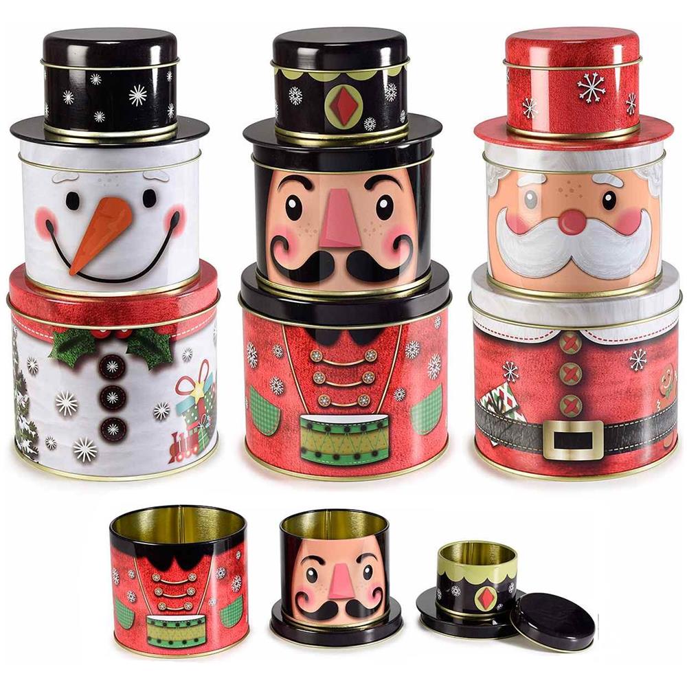 Barattoli In Metallo Con Personaggi Natalizi Confezione Regalo Per Caramelle E Dolci Addobbi Natalizi Per La Casa Set Da 3 Barattoli Componibili - Foto 1