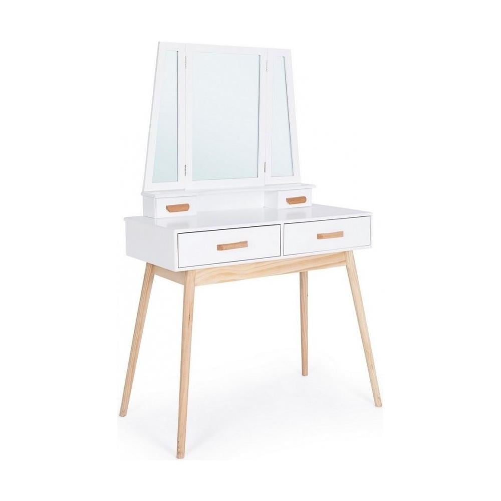 Mobiletto Rosalyn – Consolle Ingresso In Legno Bianco Con Specchi E Intarsi, 2 Cassetti E 2 Ante, Design Boho Chic 95x26x80 Cm