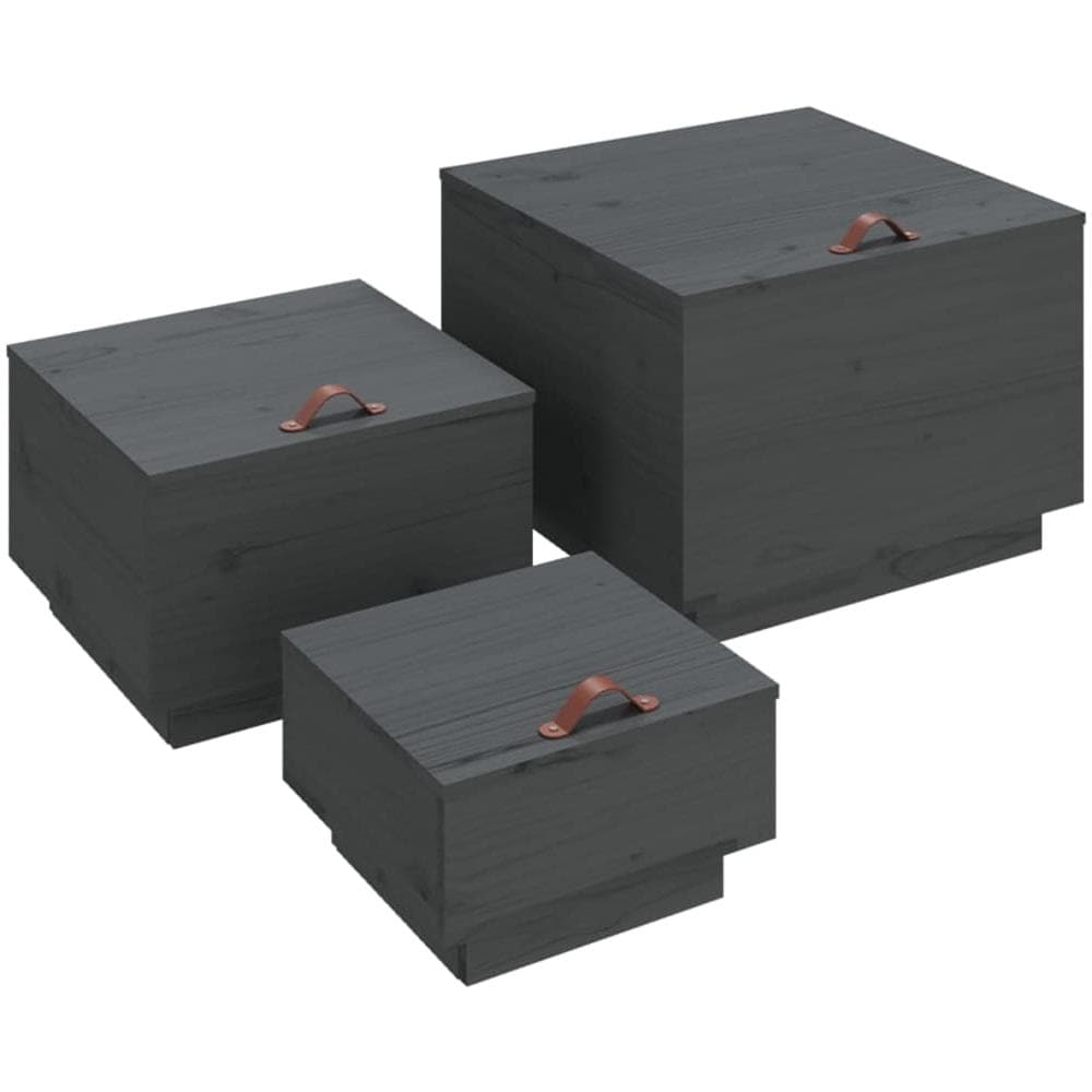 Contenitori Portaoggetti Coperchi 3pz Grigi Legno Massello Pino - Foto 2