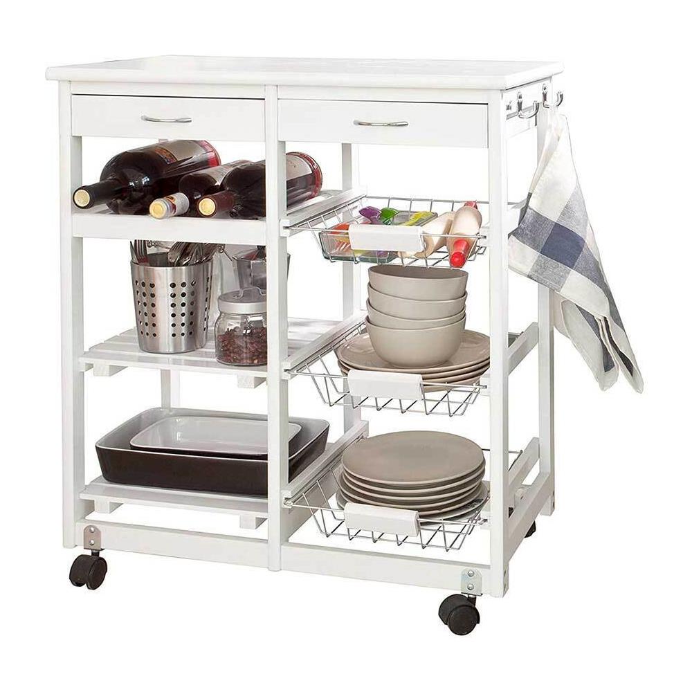 Carrello Cucina Legno 2 Cassetti Portaposate Portabottiglie 5 Scomparti Bianco - Foto 2