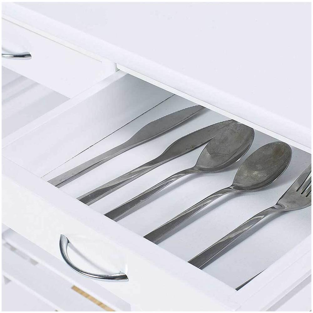 Carrello Cucina Legno 2 Cassetti Portaposate Portabottiglie 5 Scomparti Bianco - Foto 5