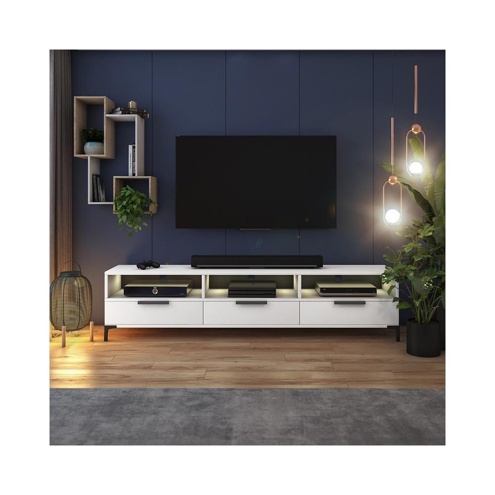 Rikke - Mobile Tv / Soggiorno - Bianco Opaco / Bianco Lucido - Con Illuminazione Led A Batteria - 160 Cm - Foto 2