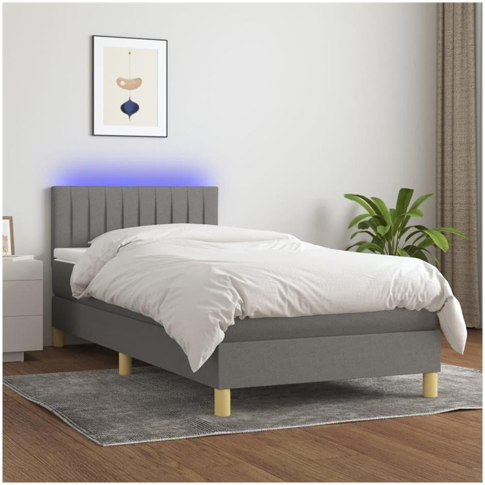 Letto A Molle Materasso E Led Grigio Scuro 90x190 Cm In Tessuto - Foto 1