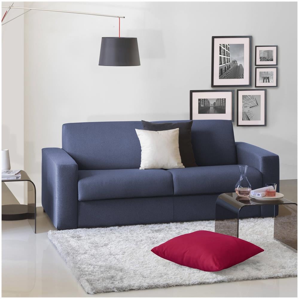 Divano Fisso Mara, Divano A 3 Posti, 100% Made In Italy, Sofà Soggiorno, In Tessuto Imbottito, Con Braccioli Slim, Cm 200x95h90, Blu - Foto 1