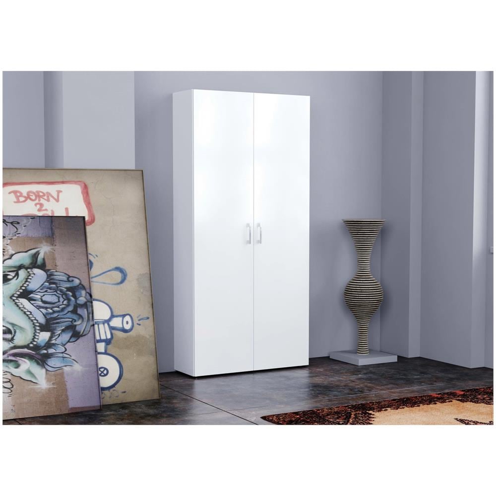 Scarpiera Simone, Mobile Multiuso A 2 Ante E Scaffali Interni, Portascarpe Da Ingresso, 100% Made In Italy, Cm 91x33h190, Bianco Lucido - Foto 1