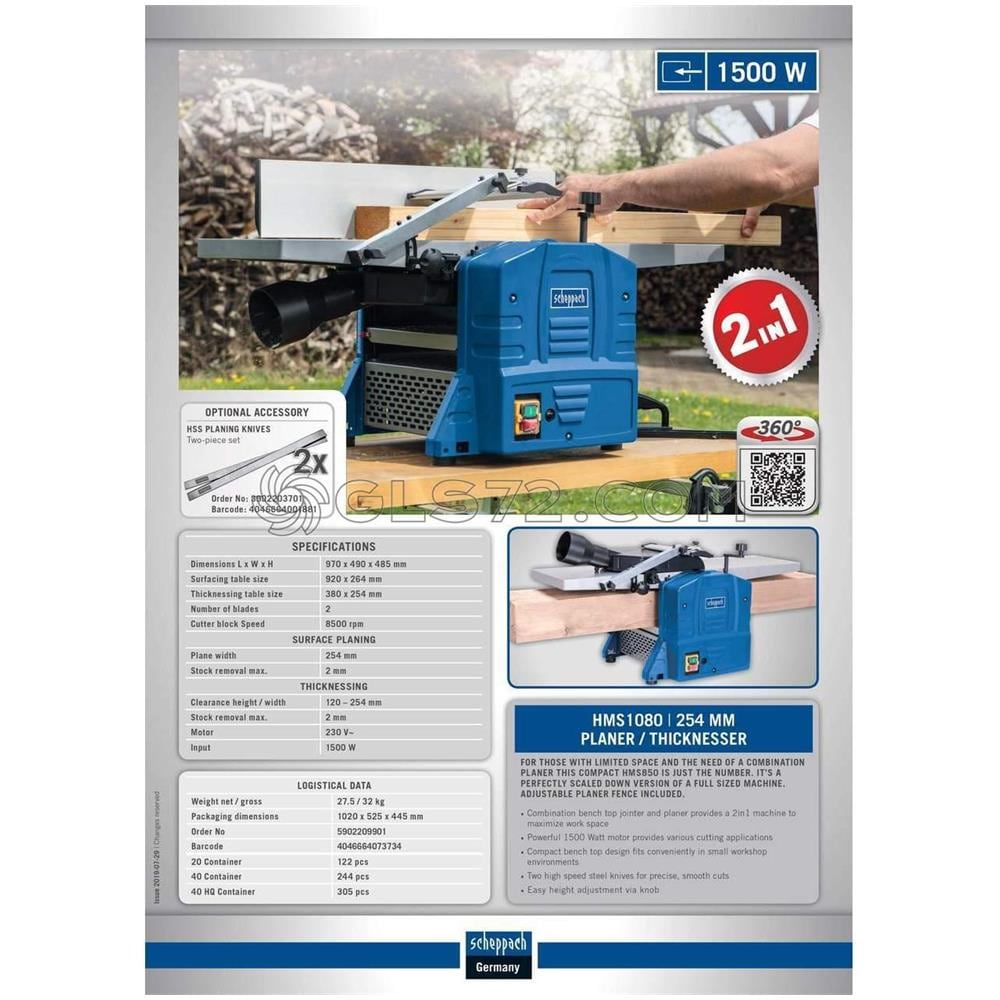Pialla A Filo E Spessore Combinata Per Legno Banco 1500w 254mm Hms1080 - Foto 2
