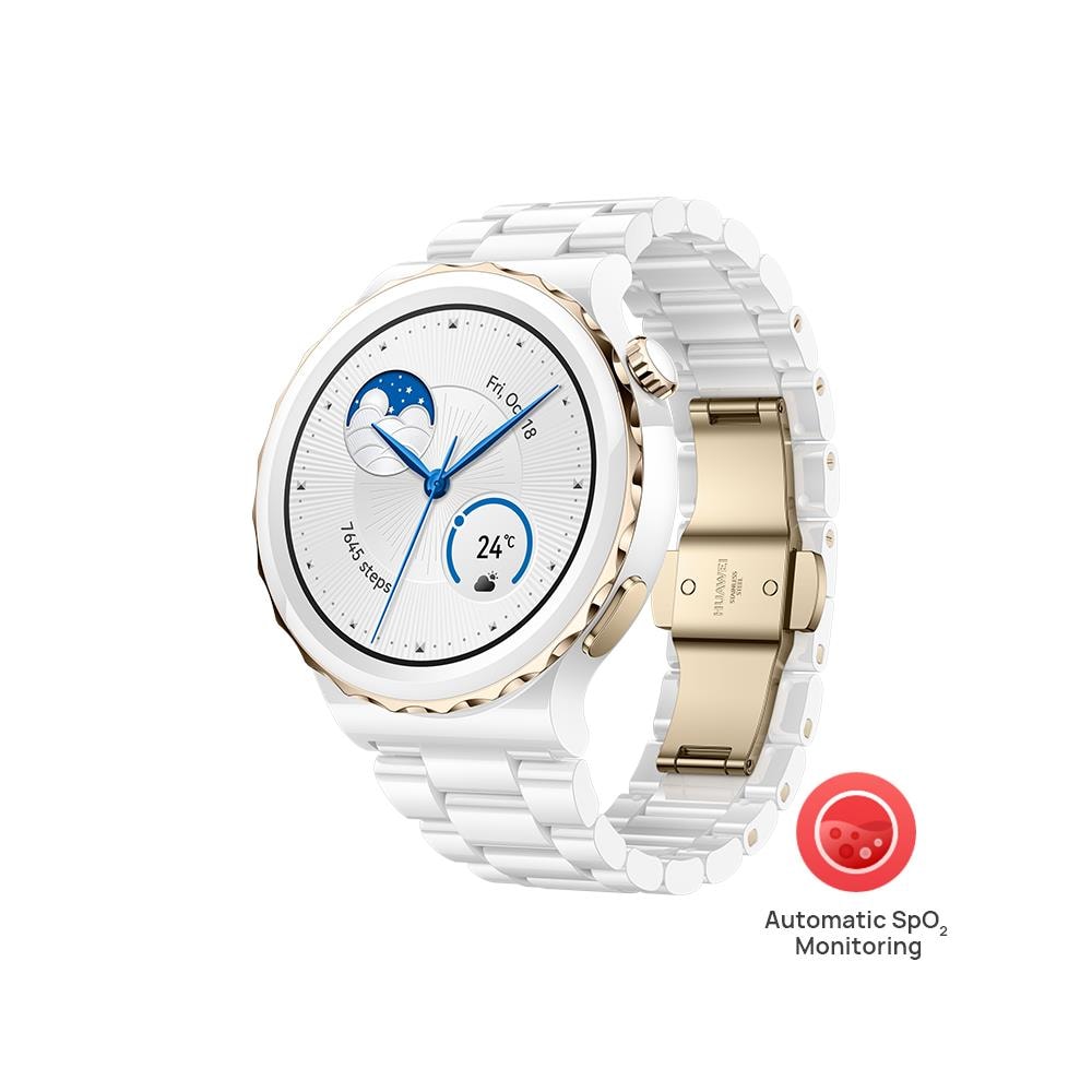 Smartwach Watch GT 3 Pro Display AMOLED Touchscreen a Colori da 1,32" GPS Bluetooth 5 ATM Cassa 43 mm in Ceramica Nanocristallina + Vetro Zaffiro Cinturino in Ceramica Bianca Colore Bianco / Oro - Foto 8