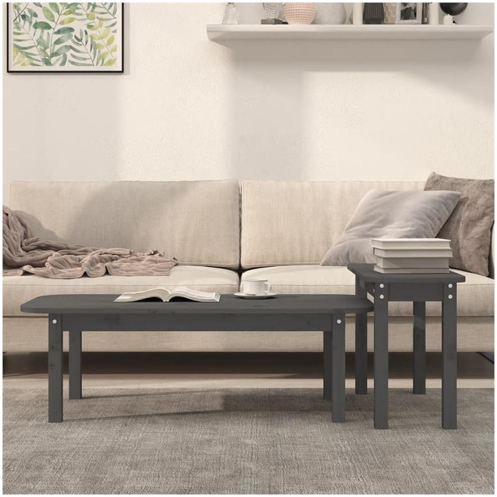 Set Tavolini da Salotto 2 pz Grigio in Legno Massello di Pino - Foto 3