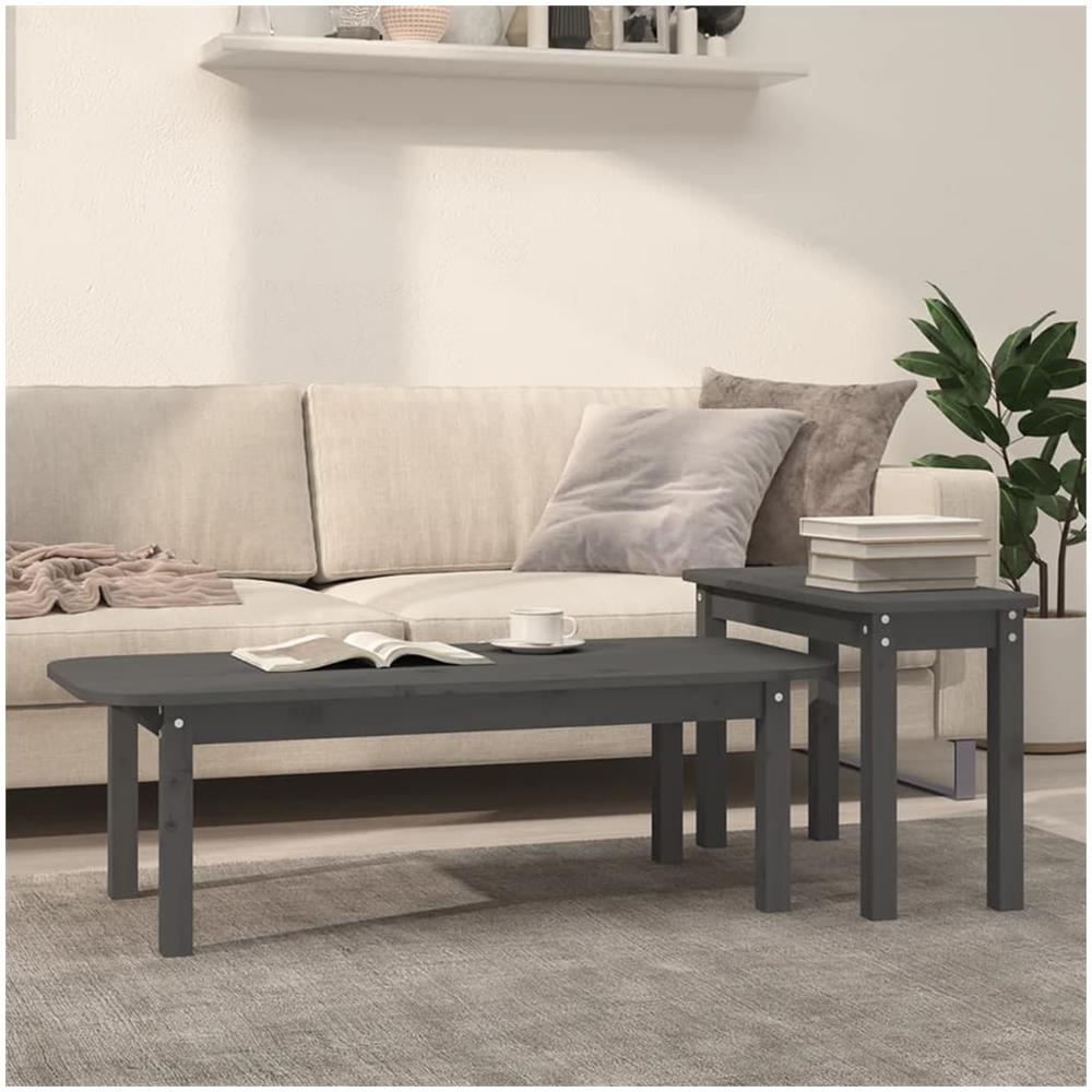 Set Tavolini da Salotto 2 pz Grigio in Legno Massello di Pino - Foto 1