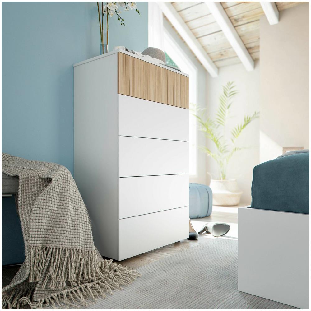 Cassettiera Wynne, Settimanale A 5 Cassetti, Mobile Comò Per Camera Da Letto, Comò Moderno, 61x40h109 Cm, Bianco E Rovere - Foto 1