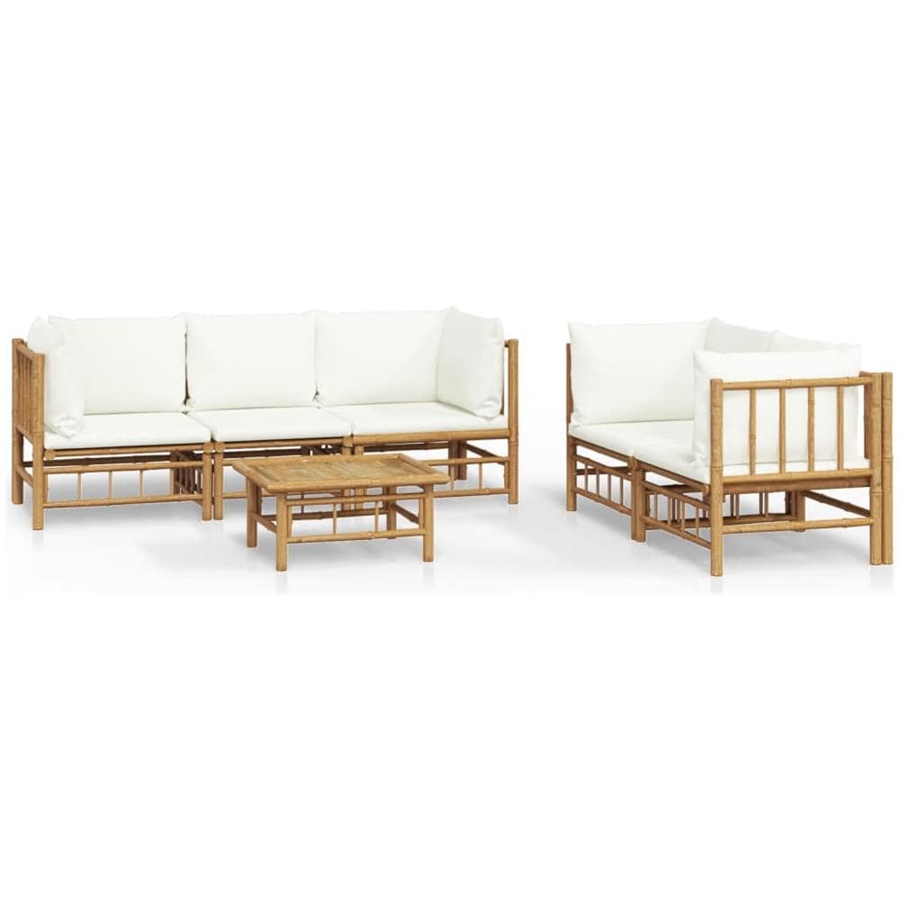 Set Salotto Da Giardino 6pz Con Cuscini Bianco Crema In Bambù - Foto 1