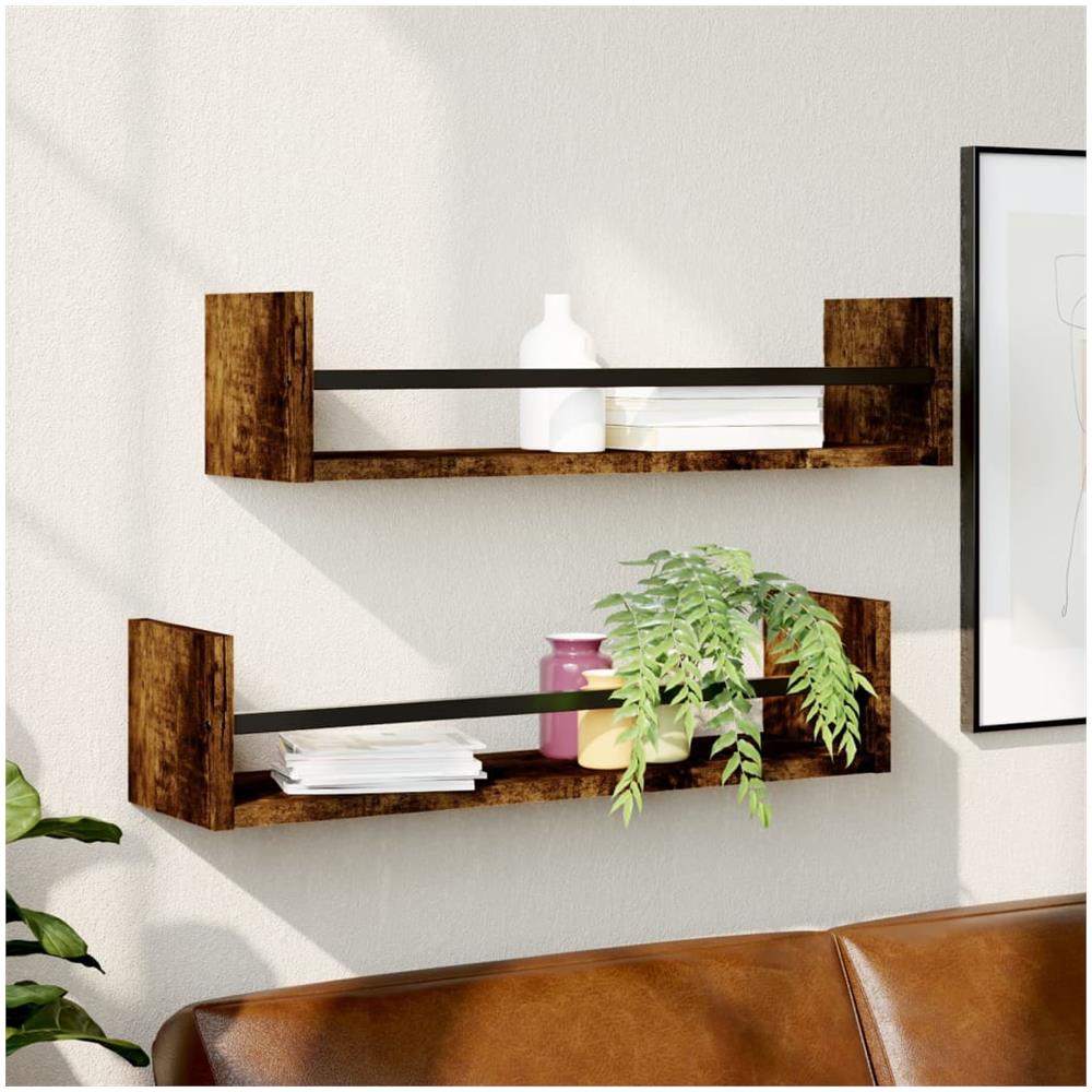 Mensole A Parete Con Aste 2pz Rovere Fumo 60x16x14 Cm - Foto 1