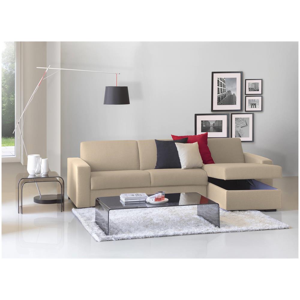 Divano Fisso Debora, Divano Ad Angolo, 100% Made In Italy, Sofà Soggiorno, Con Penisola Contenitore Reversibile, In Tessuto Imbottito, Con Braccioli Slim, Cm 260x95h90, Beige - Foto 2