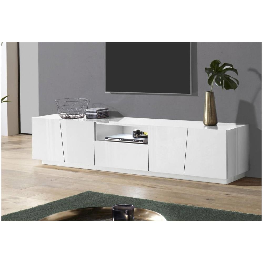 Mobile Porta Tv Paul, Credenza Bassa Da Soggiorno, Base Porta Tv, 100% Made In Italy, Cm 220x43h46, Bianco Lucido - Foto 1