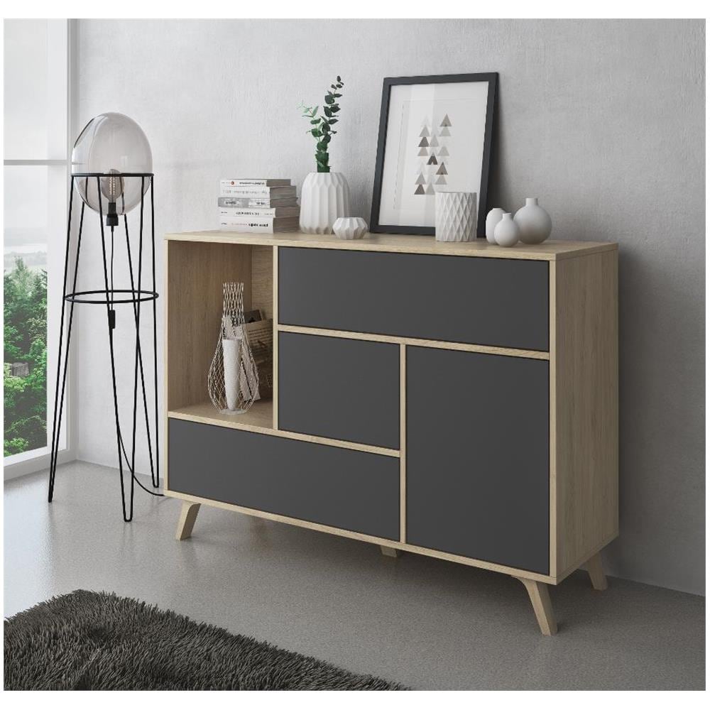 Credenza Sala Da Pranzo, Mobili Ausiliari Buffet Wind 1 Anta, 3 Cassetti, Struttura Colore Puccini E Colore Anta E Cassetti Grigio Antracite, Misure: 120x40x86cm. - Foto 1