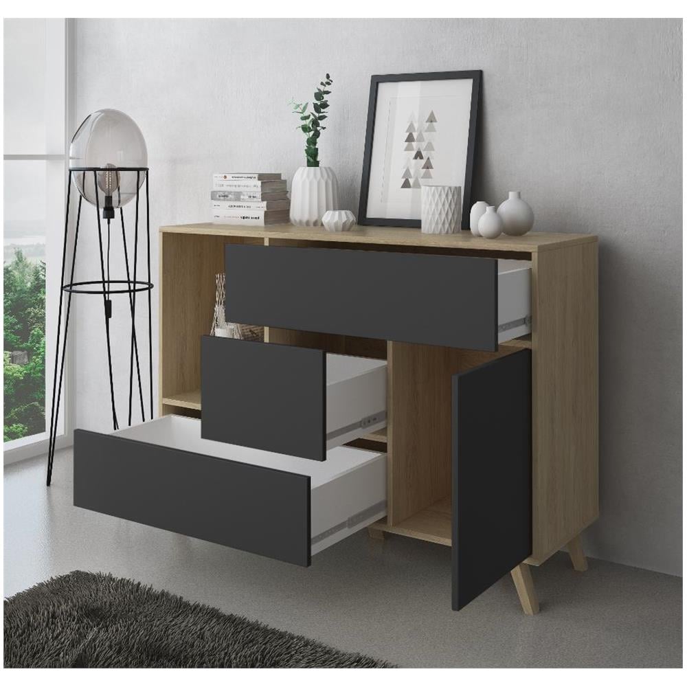 Credenza Sala Da Pranzo, Mobili Ausiliari Buffet Wind 1 Anta, 3 Cassetti, Struttura Colore Puccini E Colore Anta E Cassetti Grigio Antracite, Misure: 120x40x86cm. - Foto 2