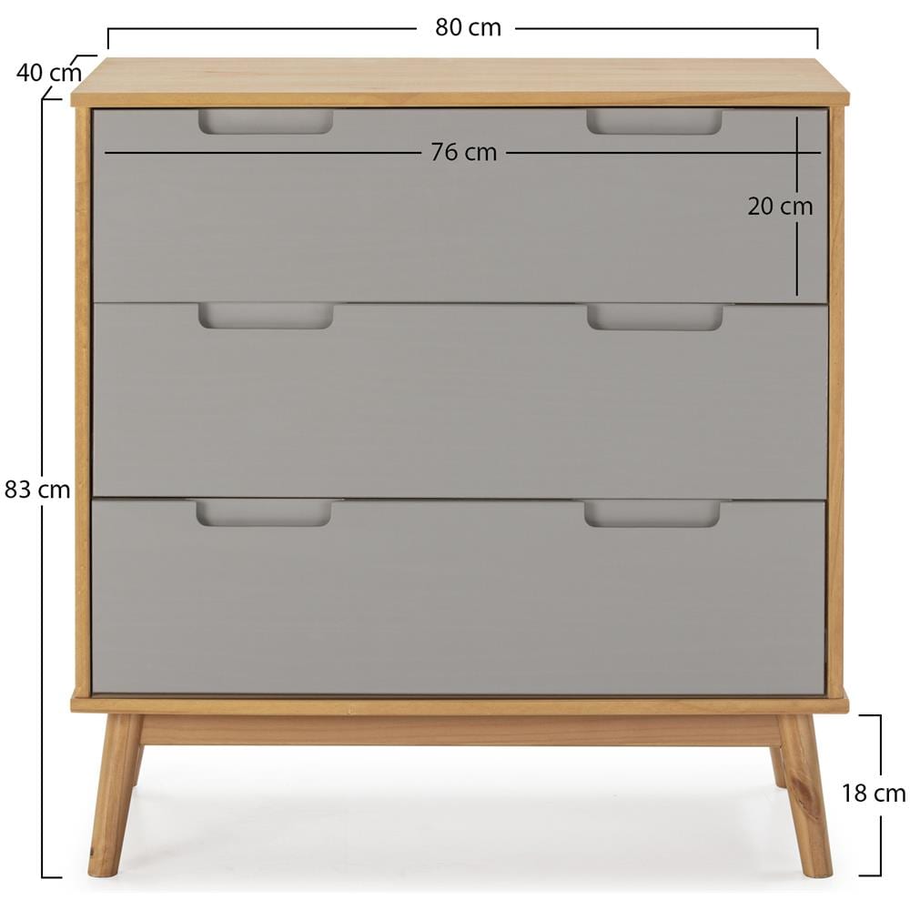 Cassettiera Bruce 3 Cassetti, Legno Massiccio, 80 Cm (larghezza) 40 Cm (profondità) 83 Cm (altezza) - Foto 3
