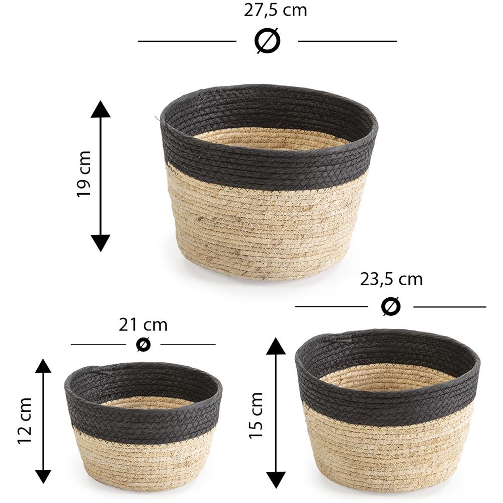 Set Di 3 Cestini Nati In Fibra Naturale E Carta, Nero /beige - Foto 2