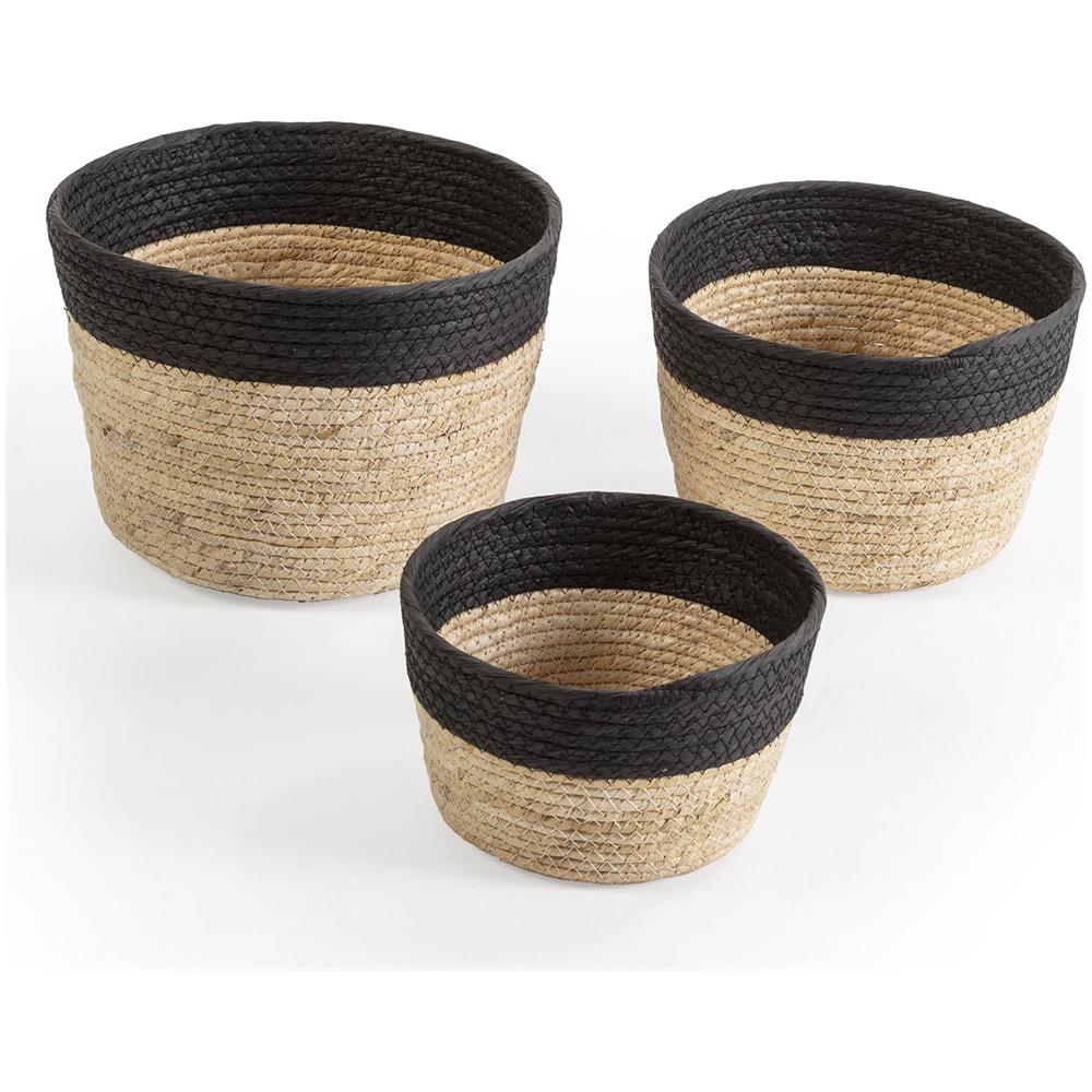 Set Di 3 Cestini Nati In Fibra Naturale E Carta, Nero /beige - Foto 1
