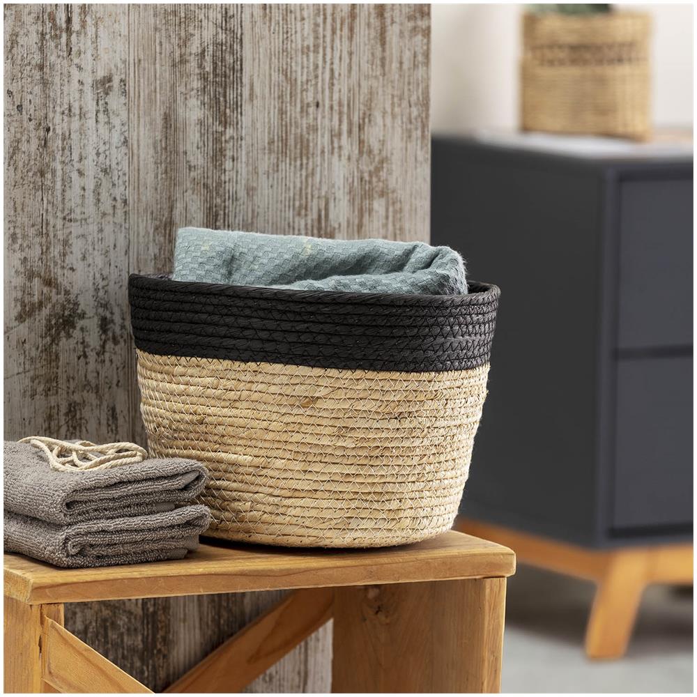 Set Di 3 Cestini Nati In Fibra Naturale E Carta, Nero /beige - Foto 5