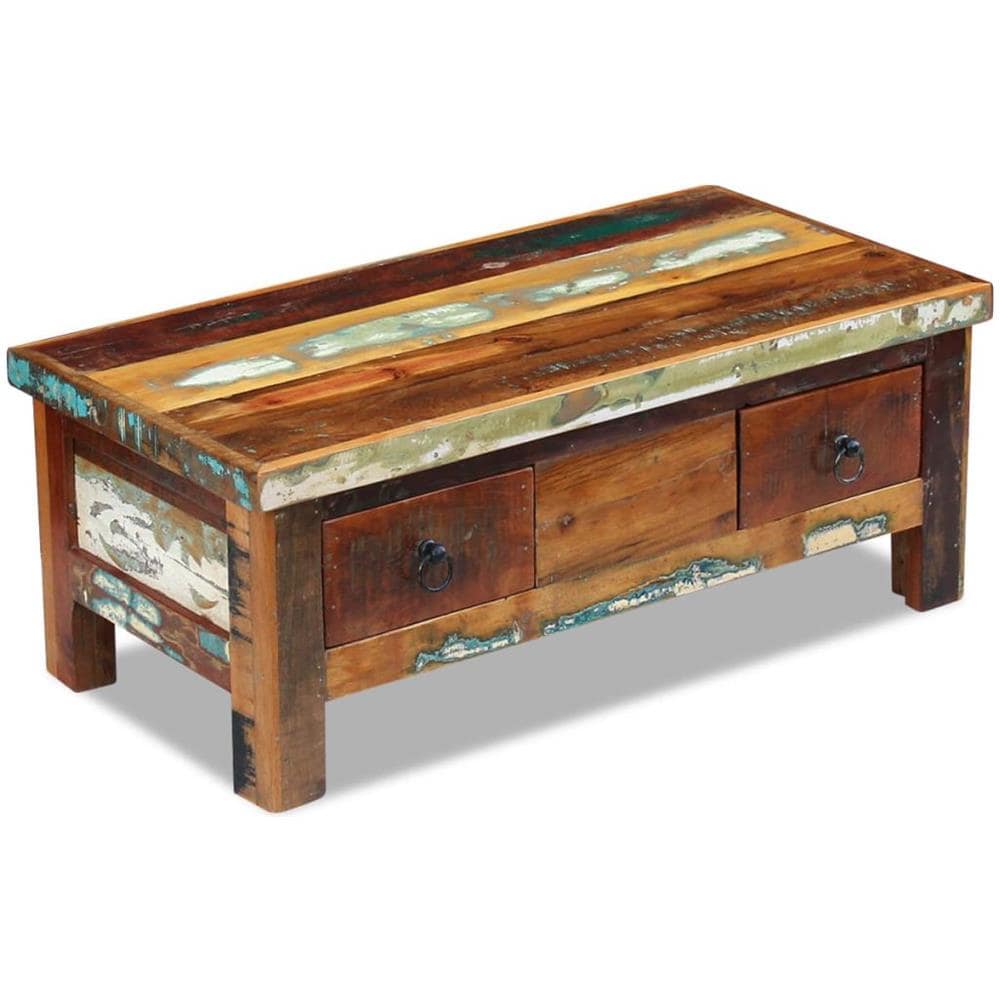 Tavolino Da Caffè Con Cassetti In Legno Massello Recuperato 90x45x35 Cm - Foto 1