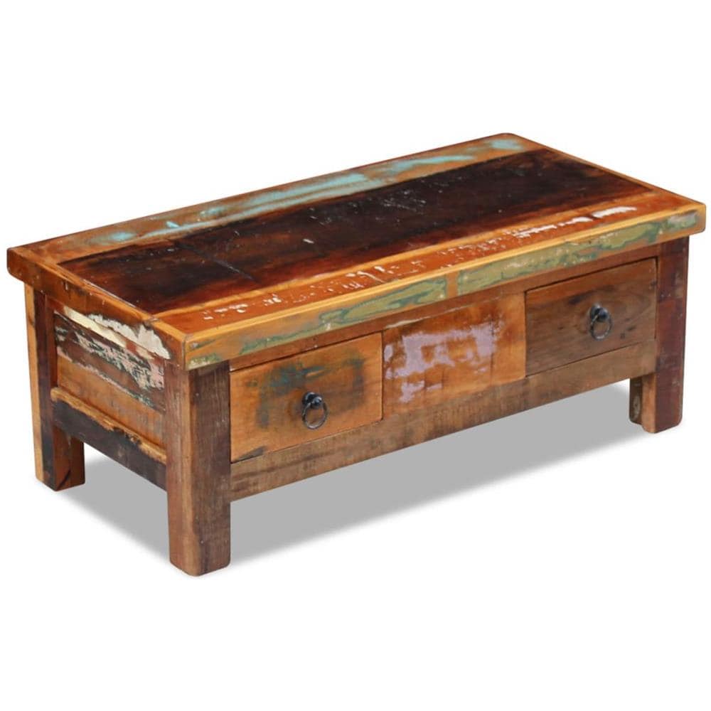 Tavolino Da Caffè Con Cassetti In Legno Massello Recuperato 90x45x35 Cm - Foto 2