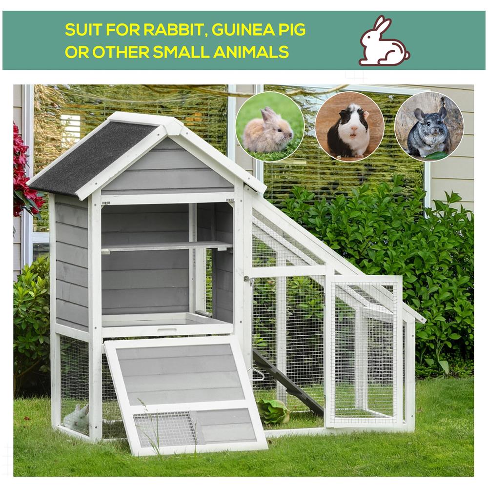 Conigliera In Legno Con Area Aperta E Rampa, Casetta Per Conigli Con Fondo Estraibile E Porte, 140x65x120cm, Grigio - Foto 2