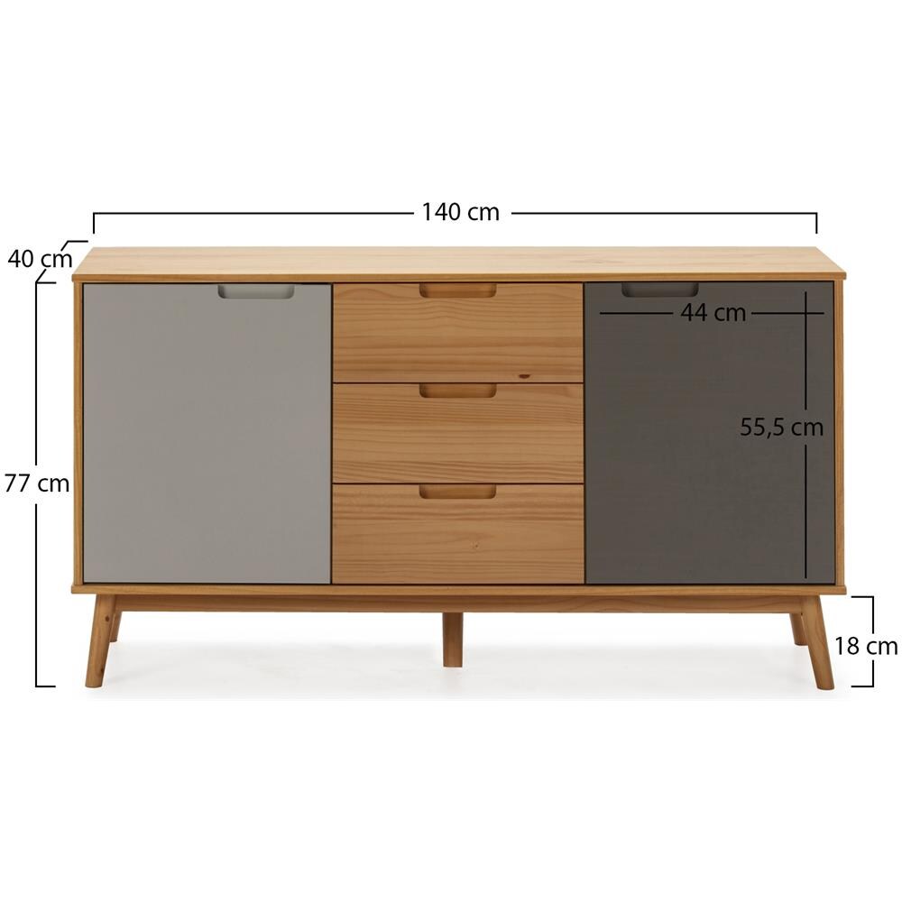 Credenza Bruce 3 Cassetti Y 2 Porte, Realizzato In Pino Massiccio, 140 Cm (larghezza) 40 Cm (profondità) 80 Cm (altezza) - Foto 3