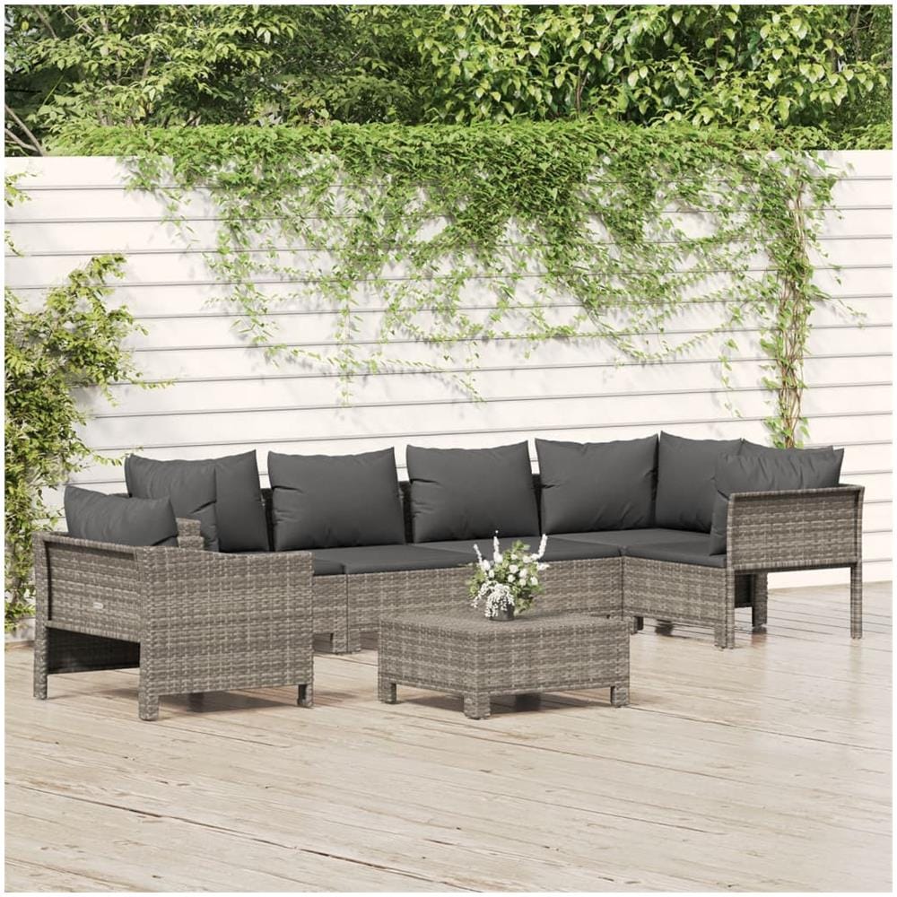 Set Divani da Giardino 7 pz con Cuscini in Polyrattan Grigio - Foto 1