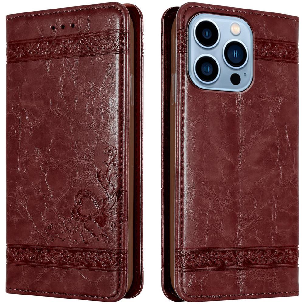 Custodia Compatibile Con Apple Iphone 13 Pro Max In Rosso Scuro Con Ornamenti - Coperchio Protettiva Con Chiusura Magnetica, Funzione Stand E Tasca Per Le Carte - Foto 1