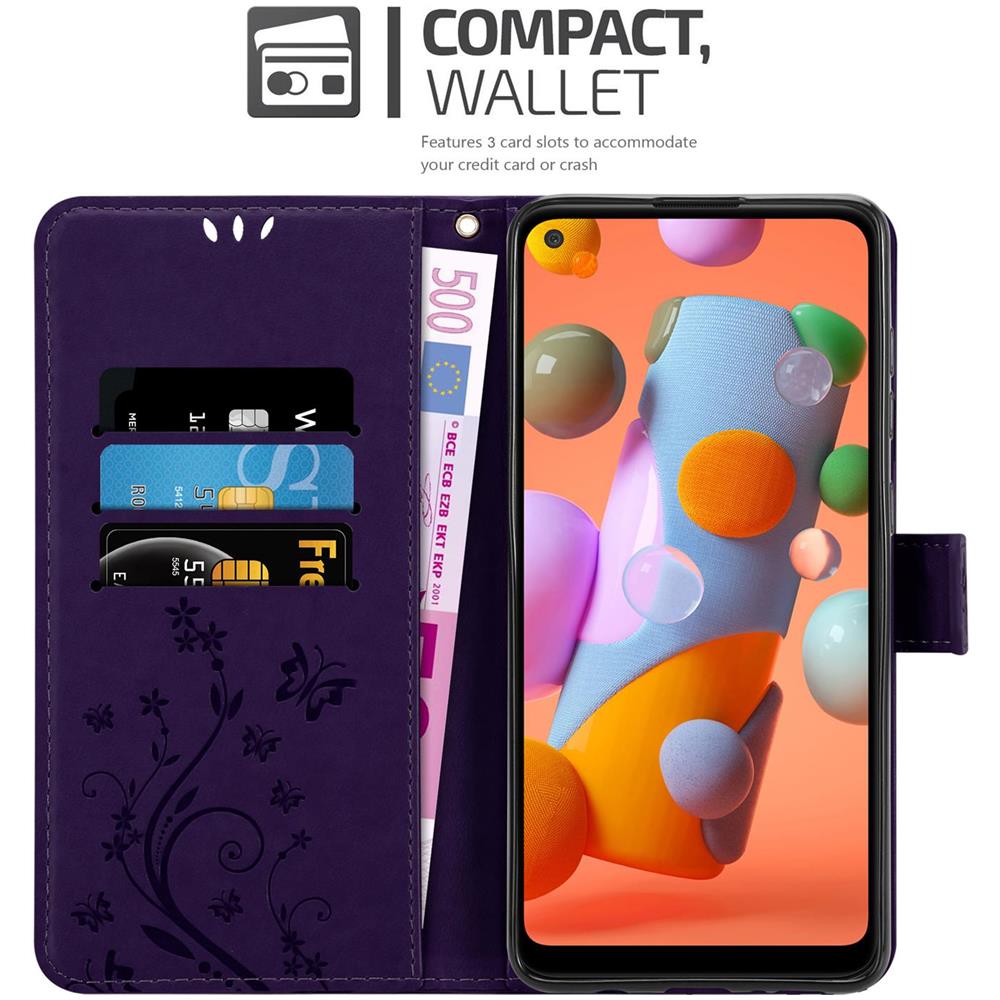 Custodia Compatibile Con Samsung Galaxy A11 / M11 In Lilla Scuro Fiore - Coperchio Protettivo In Design Floreale Con Chiusura Magnetica, Funzione Stand E Slot Per Carte - Foto 2