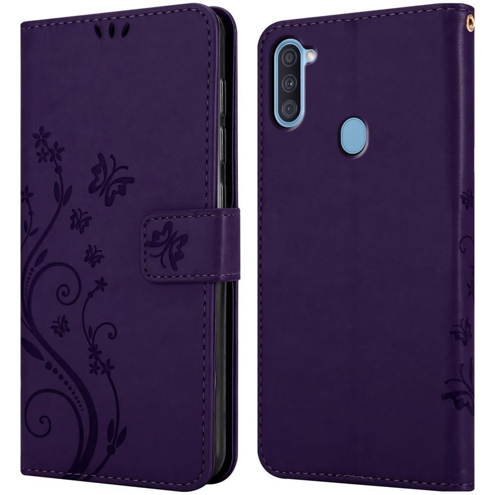Custodia Compatibile Con Samsung Galaxy A11 / M11 In Lilla Scuro Fiore - Coperchio Protettivo In Design Floreale Con Chiusura Magnetica, Funzione Stand E Slot Per Carte - Foto 7