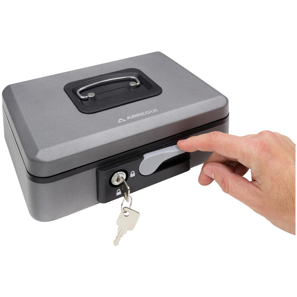 Popup C9736 Cassetta Di Sicurezza Con Chiave E Pulsante Per Contare E Trasportare Denaro | Cassetta Portavalori In Acciaio Con Vassoio Portamonete | Cassaforte Portatile Larghezza 25cm | grigio - Foto 2