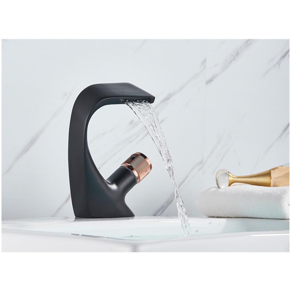 Rubinetto per lavabo da bagno, Blackswan, modello Waterfall M47, modello nero /oro rosa, misura 19 cm - Foto 2