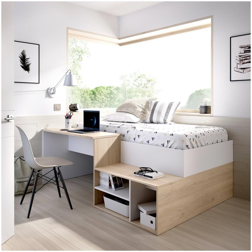 Letto Per Bambini Cervino, Lettino Singolo Per Cameretta, Set Con Scrivania E Scaffali, 195x134h73 Cm, Bianco E Rovere - Foto 1
