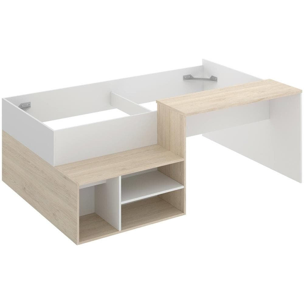 Letto Per Bambini Cervino, Lettino Singolo Per Cameretta, Set Con Scrivania E Scaffali, 195x134h73 Cm, Bianco E Rovere - Foto 2