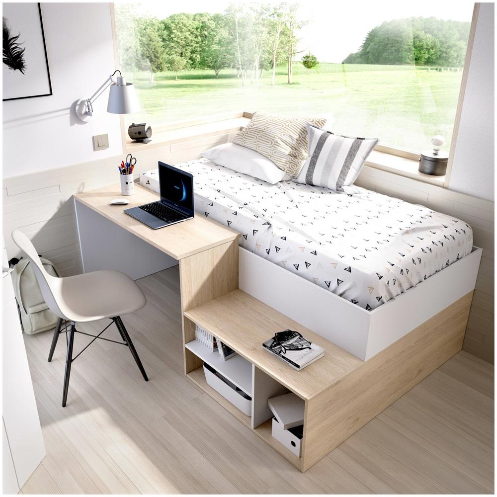 Letto Per Bambini Cervino, Lettino Singolo Per Cameretta, Set Con Scrivania E Scaffali, 195x134h73 Cm, Bianco E Rovere - Foto 4