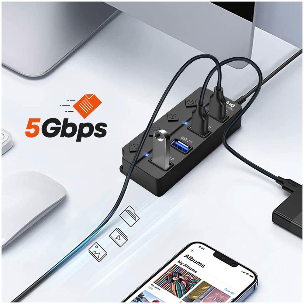 Hub Da Usb A Usb 3.0 E 3x Usb 2.0 Trasferimento Dati 5gb /s Nero - Foto 2