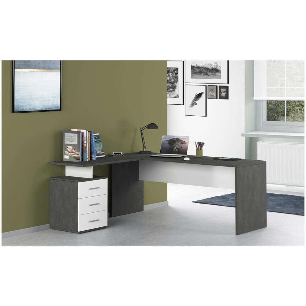 Scrivania Mark, Scrittoio Angolare Porta Pc, Tavolo Multiuso Per Ufficio, Scrivania Salvaspazio Multiposizione, 100% Made In Italy, Cm 160x60h75, Ardesia E Bianco Lucido - Foto 1