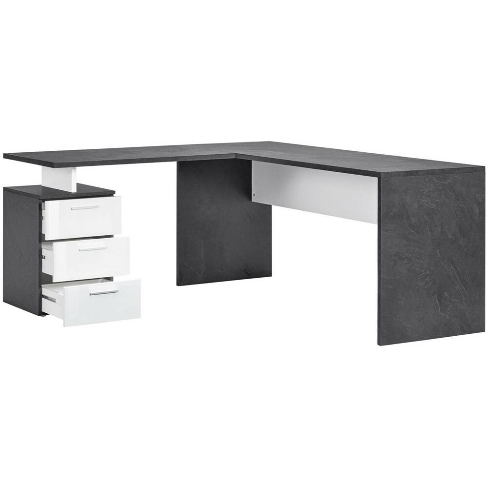 Scrivania Mark, Scrittoio Angolare Porta Pc, Tavolo Multiuso Per Ufficio, Scrivania Salvaspazio Multiposizione, 100% Made In Italy, Cm 160x60h75, Ardesia E Bianco Lucido - Foto 2