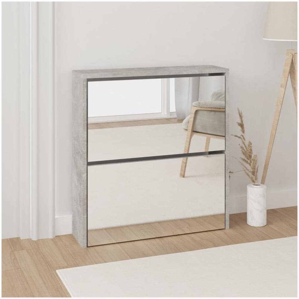 Scarpiera Con Specchio A 2 Livelli Grigio Cemento 63x17x67 Cm - Foto 1