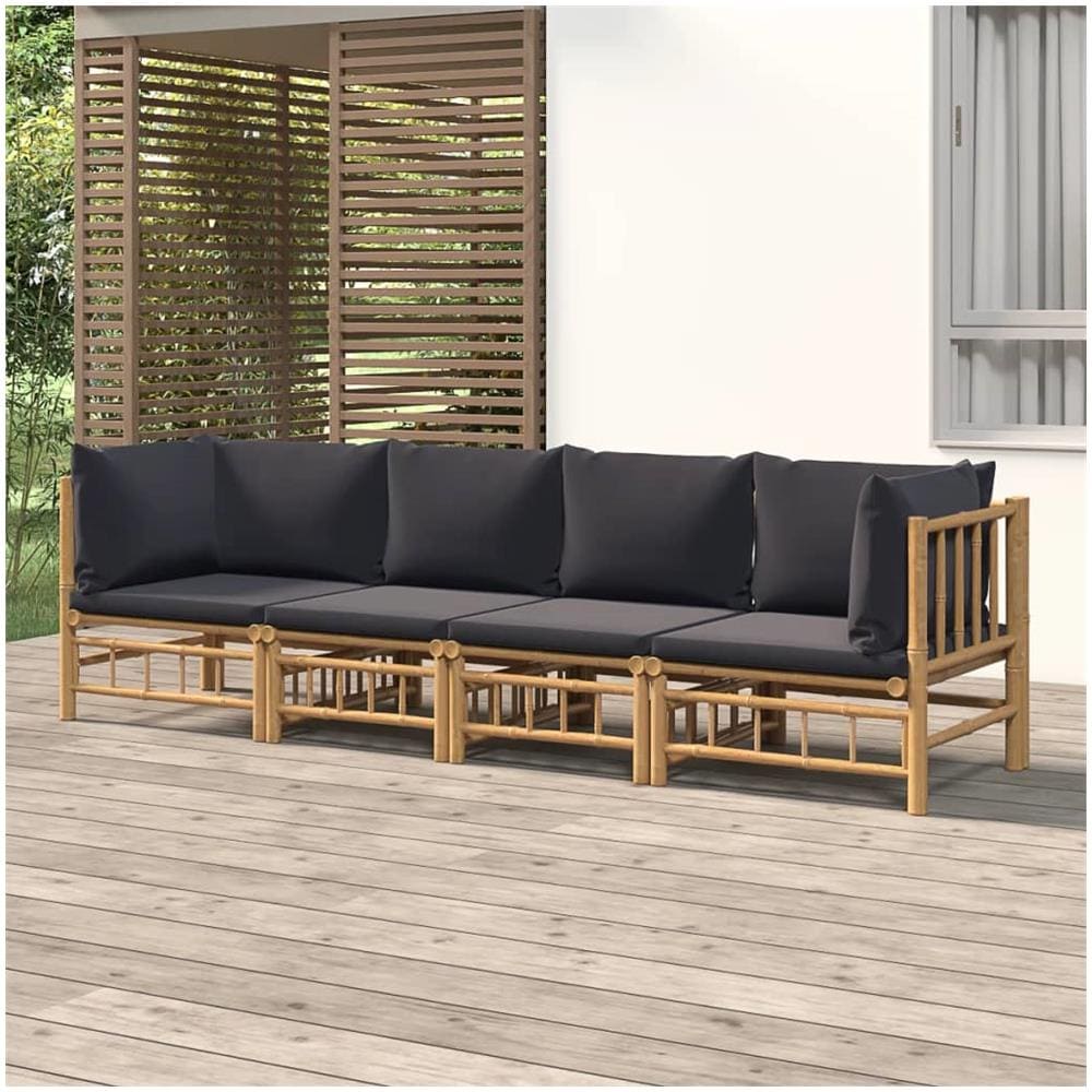 Set Salotto Da Giardino 4pz Con Cuscini Grigio Scuro Bambù - Foto 1