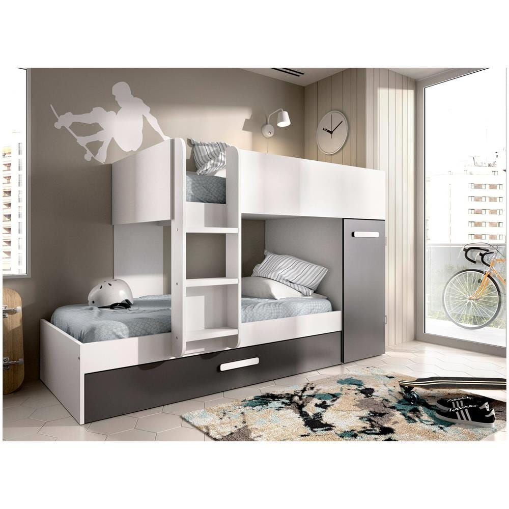 Letto Per Bambini Eiger, Cameretta Completa Con Armadio E Cassetto, Composizione Letto A Castello Con Due Lettini Singoli, 244x112h150 Cm, Bianco E Antracite - Foto 1