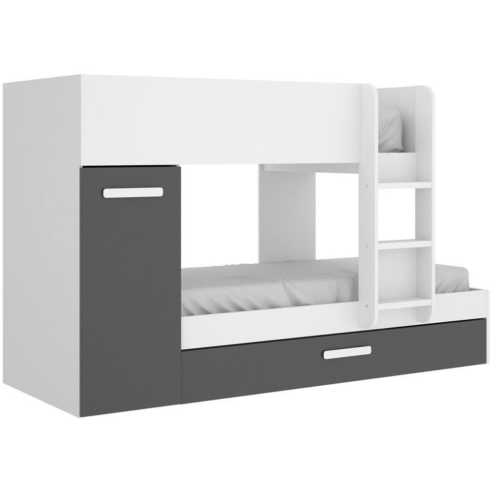 Letto Per Bambini Eiger, Cameretta Completa Con Armadio E Cassetto, Composizione Letto A Castello Con Due Lettini Singoli, 244x112h150 Cm, Bianco E Antracite - Foto 2
