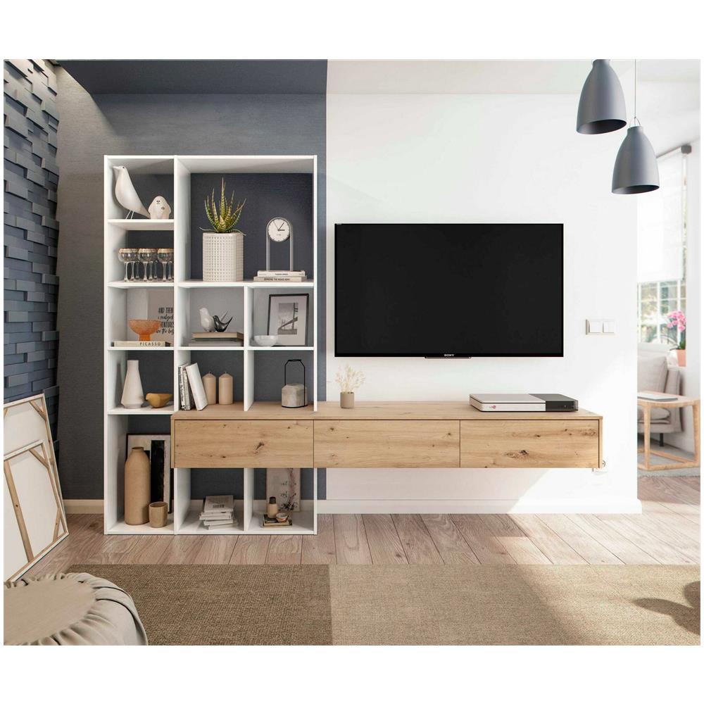 Parete Attrezzata Wausau, Set Da Soggiorno Con 3 Cassetti, Libreria Salotto Multiuso, 226x28h173 Cm, Bianco E Rovere Nodi - Foto 1
